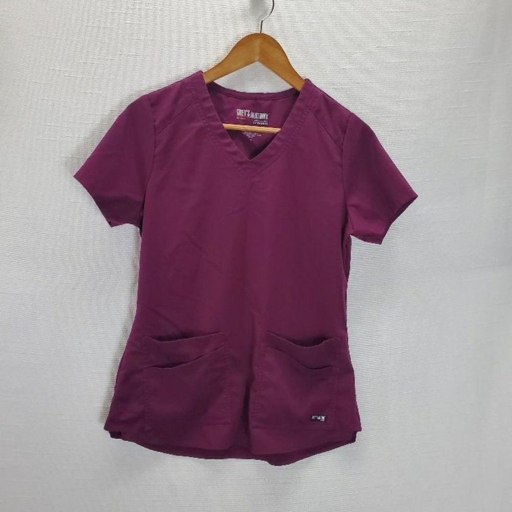 Greys Anatomy Spandex Stretch Emma 4 Pocket V-Neck Scrubs Top Wine Small